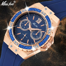 Cargar imagen en el visor de la galería, MISSFOX Women&#39;s Watches Chronograph Rose Gold Sport Watch Ladies Diamond Blue Rubber Band Xfcs Analog Female Quartz Wristwatch